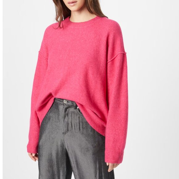 Weekday Bright Pink Annie Chunky Knit Oversized Crewneck Sweater Wool Blend sz S - Picture 1 of 12